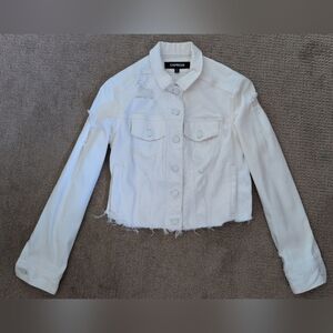 Express Distressed White Denim Cropped Jean Jacket
